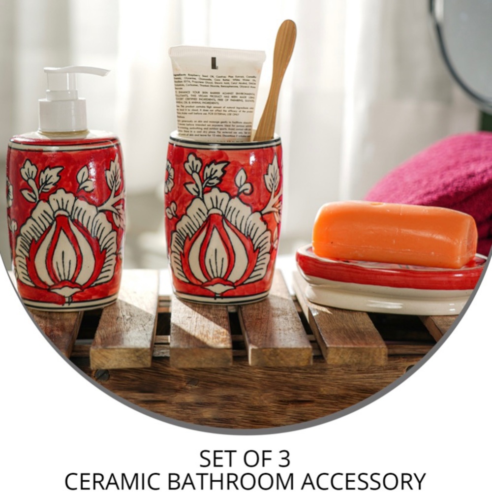 Set of 3 Red & White Ceramic - Liquid Soap Dispenser, Soap Tray and Tumbler